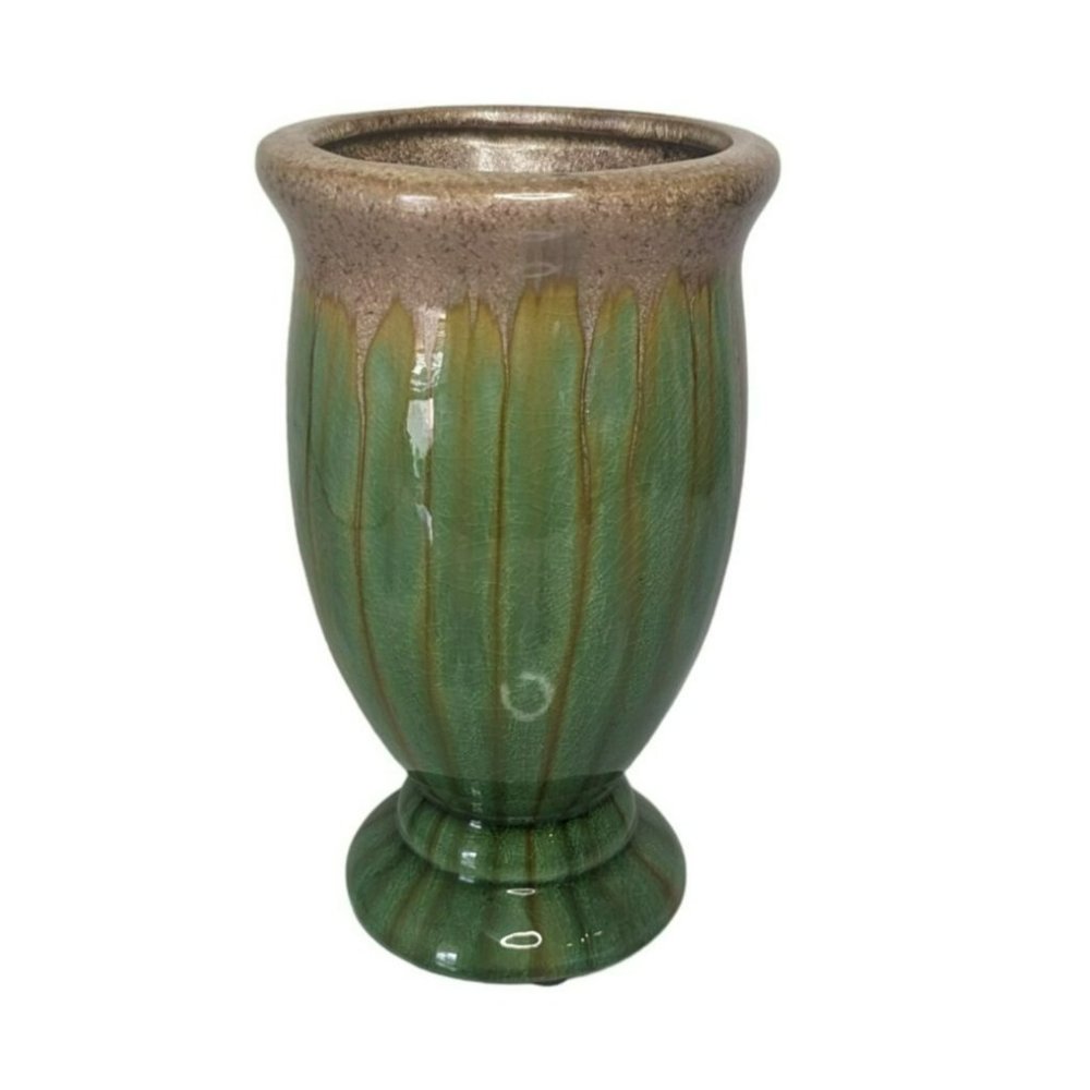 Vintage Mid Century Modern Green Gold Drop Glazed Pottery Vase